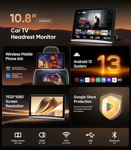 10.8" Android 13 Car TV Headrest Monitor - 5G WiFi Touch Screen Tablet, Supports Phone Mirroring, HDMI in/Out, Bluetooth, USB/SD, Backseat Video Player in Kuwait