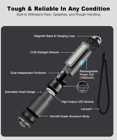 Small Powerful Flashlights,LED Pocket EDC Flashlight Rechargeable with Magnetic Base&Hanging Loop,1500 High Lumens,Dual Switch,COB Red Light,7 Modes,USB C Flash Light for Home Emergency Car Camping2PC in Kuwait