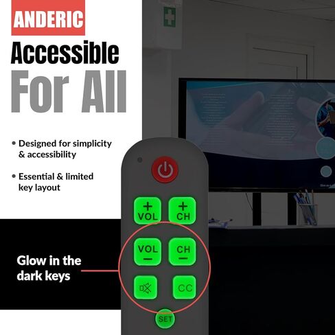 Anderic RR1004 Big Button TV Remote Control – Senior Friendly, Easy-to-use with Glow Keys, Simple Layout – Ideal for Elderly Care & Assisted Living – Compatible with Most IR TVs - White - 1 Pack in Kuwait