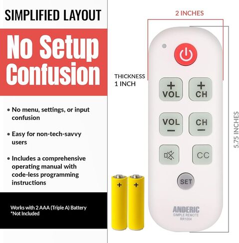 Anderic RR1004 Big Button TV Remote Control – Senior Friendly, Easy-to-use with Glow Keys, Simple Layout – Ideal for Elderly Care & Assisted Living – Compatible with Most IR TVs - White - 1 Pack in Kuwait