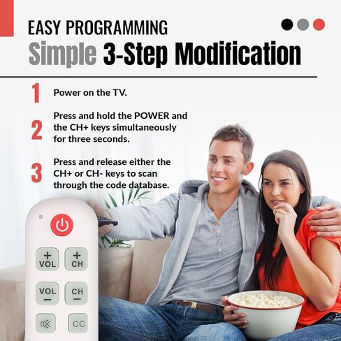 Anderic RR1004 Big Button TV Remote Control – Senior Friendly, Easy-to-use with Glow Keys, Simple Layout – Ideal for Elderly Care & Assisted Living – Compatible with Most IR TVs - White - 1 Pack in Kuwait