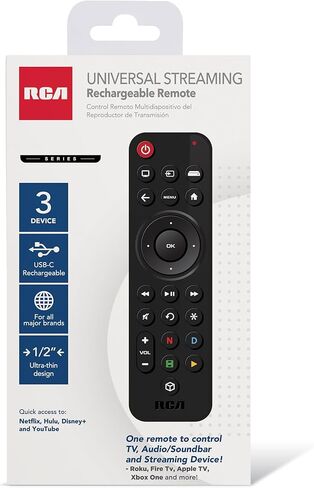 جهاز تحكم عن بعد للبث العالمي RCA، قابل لإعادة الشحن عبر USB-C، 3 أجهزة متوافقة مع Samsung وLG وSony وVizio TVs وRoku وFire TV وApple TV وChromecast وSoundbar in Kuwait