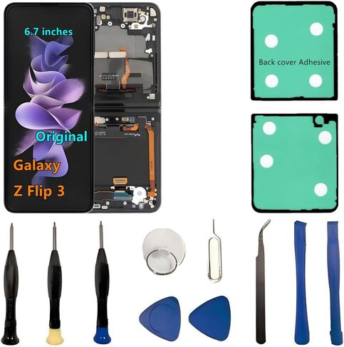 6.7" Original AMOLED for Samsung Galaxy Z Flip 3 Screen Replacement Z Flip3 5G SM-F711U SM-F711U1 Inner Foldable Display Touch Screen Digitizer Assembly. (with Black Frame+Back Cover Adhesive+Tools) in Kuwait