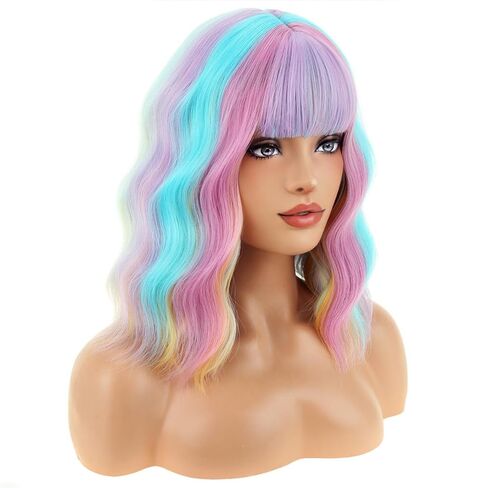 PATTNIUM 14 Inches Rainbow Wig Short Wavy Wig Pastel Rainbow Wig with Bangs Multi Color Wig for Women Girls Heat Resistant Synthetic Cosplay Costume Wig (Rainbow) in Saudi Arabia