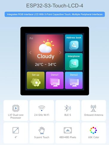 4inch Capacitive Touch Display Development Board Base on ESP32-S3 with Display 480×480 5-Point Touch, 32-Bit LX7 Dual-Core Processor, Supports Wi-Fi & BLE 5 @XYGStudy (ESP32-S3-Touch-LCD-4) in Kuwait