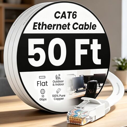 Cat 6 Ethernet Cable 50ft, Flat High Speed 10Gbps Internet Network Cable for Indoor Outdoor, Pure Copper Patch Cord with Snagless RJ45 Connectors, White in Kuwait