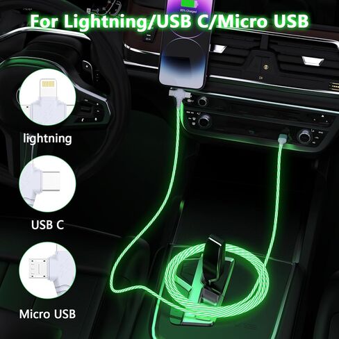 كابل شحن متوهج متعدد 3 في 1 LED متدفق / نوع C/Micro USB للسيارة لهاتف iPhone، سلك متوهج RGB لهاتف Apple iPhone 15/14/13/12/11 Pro Max/XR/SE، iPad/Android/Samsung-6FT أخضر in Kuwait