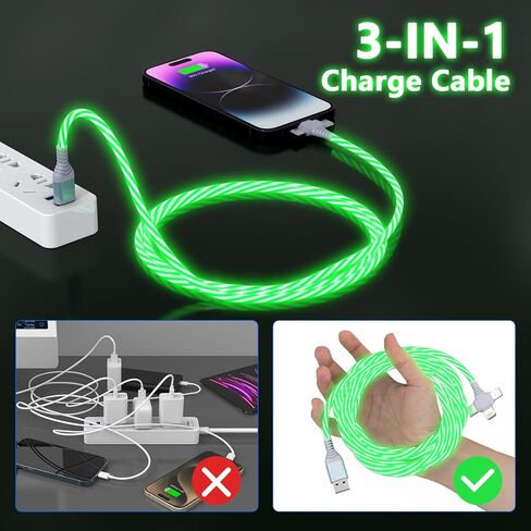 كابل شحن متوهج متعدد 3 في 1 LED متدفق / نوع C/Micro USB للسيارة لهاتف iPhone، سلك متوهج RGB لهاتف Apple iPhone 15/14/13/12/11 Pro Max/XR/SE، iPad/Android/Samsung-6FT أخضر in Kuwait