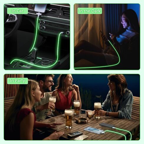 كابل شحن متوهج متعدد 3 في 1 LED متدفق / نوع C/Micro USB للسيارة لهاتف iPhone، سلك متوهج RGB لهاتف Apple iPhone 15/14/13/12/11 Pro Max/XR/SE، iPad/Android/Samsung-6FT أخضر in Kuwait