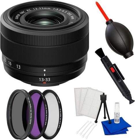 عدسة FUJIFILM XC13-33mm F3.5-6.3 OIS - حزمة مع ملحقات الشركة المصنعة، طقم فلتر مكون من 3 قطع، قلم عدسة، منفاخ غبار ومجموعة تنظيف (متجددة) in Kuwait