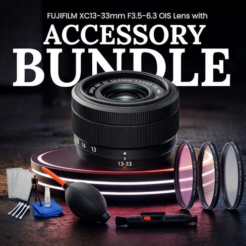 عدسة FUJIFILM XC13-33mm F3.5-6.3 OIS - حزمة مع ملحقات الشركة المصنعة، طقم فلتر مكون من 3 قطع، قلم عدسة، منفاخ غبار ومجموعة تنظيف (متجددة) in Kuwait