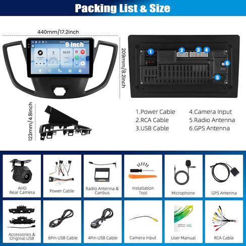 [4+128G] Android 15 Car Radio Stereo for Ford Transit 150 250 350 2015-2019 with Wireless Carplay&Android Auto,9 Inch Car Radio with Mirror Link Bluetooth FM/RDS WiFi GPS EQ SWC+AHD Backup Camera in Kuwait