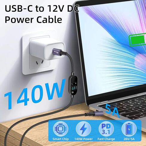 كابل طاقة GELRHONR USB C إلى DC PD بقوة 140 واط مع 10 أطراف موصل، كابل شحن سريع USB C إلى DC 5.5x2.5 مم مع جهد 5 فولت/9 فولت/12 فولت/15 فولت/20 فولت/28 فولت لأجهزة الكمبيوتر المحمولة والأجهزة اللوحية وبنك الطاقة المحمول in Kuwait