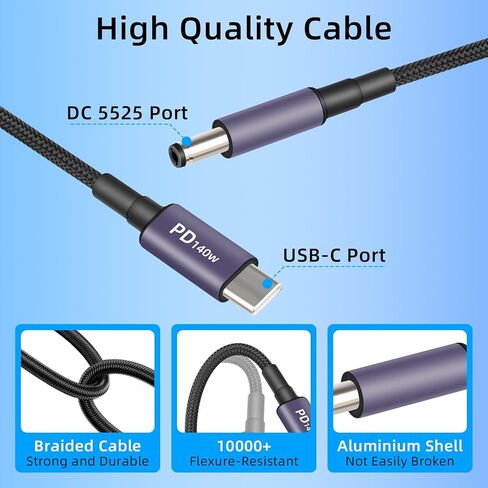 كابل طاقة GELRHONR USB C إلى DC PD بقوة 140 واط مع 10 أطراف موصل، كابل شحن سريع USB C إلى DC 5.5x2.5 مم مع جهد 5 فولت/9 فولت/12 فولت/15 فولت/20 فولت/28 فولت لأجهزة الكمبيوتر المحمولة والأجهزة اللوحية وبنك الطاقة المحمول in Kuwait
