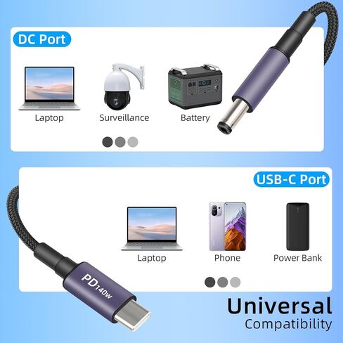كابل طاقة GELRHONR USB C إلى DC PD بقوة 140 واط مع 10 أطراف موصل، كابل شحن سريع USB C إلى DC 5.5x2.5 مم مع جهد 5 فولت/9 فولت/12 فولت/15 فولت/20 فولت/28 فولت لأجهزة الكمبيوتر المحمولة والأجهزة اللوحية وبنك الطاقة المحمول in Kuwait
