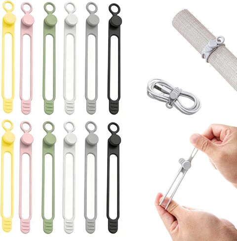 Silicone Cable Organizers, 12-Pack Reusable Elastic Cord Straps & Wire Ties for Cable Management, Multi-Purpose Organizer for Travel, Home, Office, Desk Drawer Storage (4 Colors) in Kuwait
