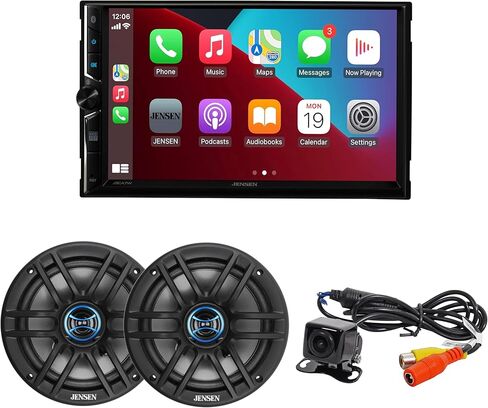 JENSEN J3CA7W 7 بوصة معتمد من Apple CarPlay Android Auto سلكي أو لاسلكي ستيريو سيارة مع كاميرا احتياطية BUCAM100J وحزمة مكبرات صوت JS62 6.5 بوصة in Kuwait