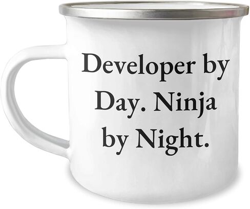 Developer Ninja Gifts by Day, Christmas Camping Mug Quote, Perfect for Developer Friends and Family, Enamel Finish, 12 oz Stainless Steel in Kuwait