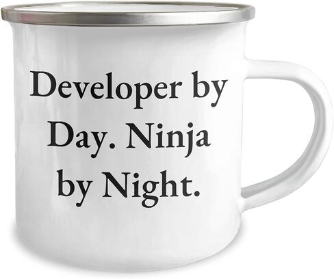Developer Ninja Gifts by Day, Christmas Camping Mug Quote, Perfect for Developer Friends and Family, Enamel Finish, 12 oz Stainless Steel in Kuwait