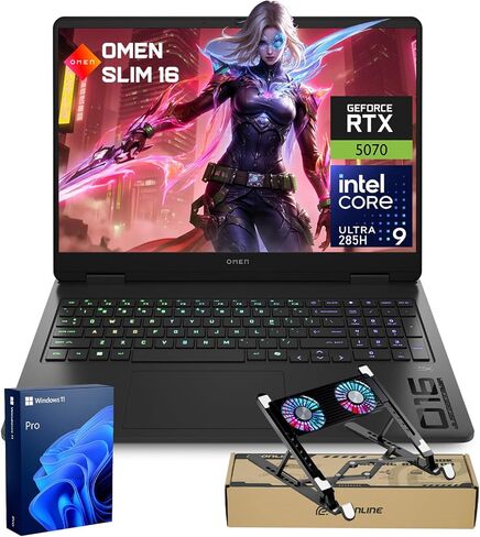 HP OMEN 16 Slim RTX 5070 Gaming Laptop, Intel Ultra 9 285H, NVIDIA RTX 5070, HyperX Audio, 16" FHD+ Anti-Glare, 32GB DDR5, 1TB SSD, 4-Zone RGB Backlit KB, Windows 11 Pro, Bundle Laptop Cooler in Kuwait
