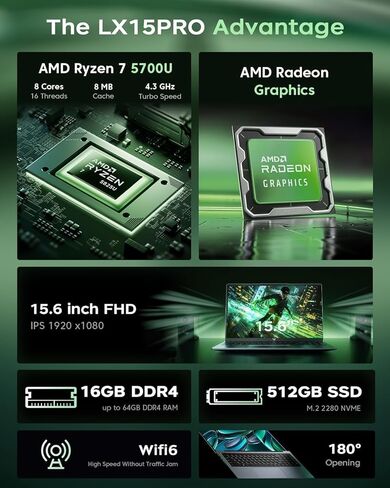 كمبيوتر محمول للألعاب 2026 AMD مع معالج AMD Ryzen 7 5700U (8C/16T، حتى 4.3 جيجا هرتز)، كمبيوتر محمول بشاشة 15.6 بوصة FHD مع لوحة مفاتيح بإضاءة خلفية، ذاكرة الوصول العشوائي 16 جيجابايت، 512 جيجابايت SSD، WiFi 6، HDMI، USB3.2، النوع C، بطارية 55 وات في السا in Kuwait