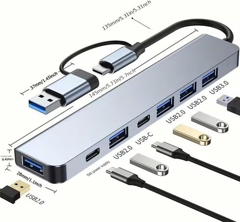 محور USB C 7 في 1/وضع طاقة 5 فولت/متوافق مع أجهزة الكمبيوتر اللوحية/واجهة USB/نقل البيانات/الطابعة ولوحة المفاتيح وقرص U والقرص الصلب والماوس و7 منافذ أخرى in Kuwait