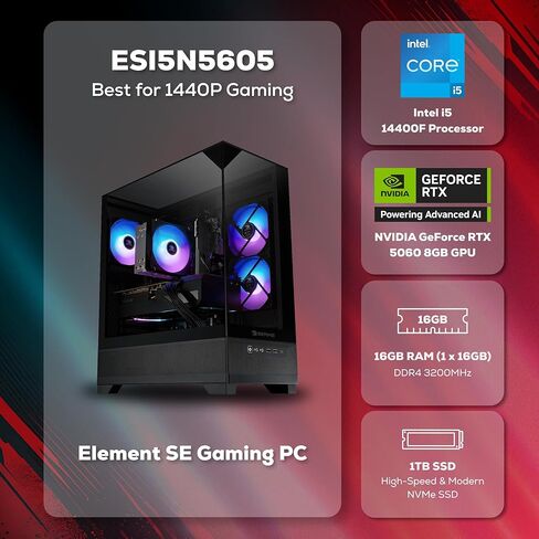 كمبيوتر مكتبي iBUYPOWER Element SE للألعاب Intel Core i5 14400F CPU، NVIDIA RTX 5060 8GB GPU، 16GB DDR4 Non-RGB 3200MHz RAM، 1TB NVMe SSD، Windows 11 Home، لوحة مفاتيح وماوس للاعبين - ESI5N5605 in Kuwait