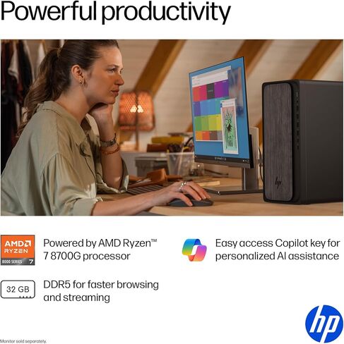 HP OmniDesk (Next-gen Envy) Tower Desktop Computer, AMD Ryzen 7 8700G, 32GB DDR5, 2TB Storage(1TB PCle SSD+1TB HDD), WiFi 6, Bluetooth 5.4, Dual 4K Support, Radeon 740M Graphics in Kuwait