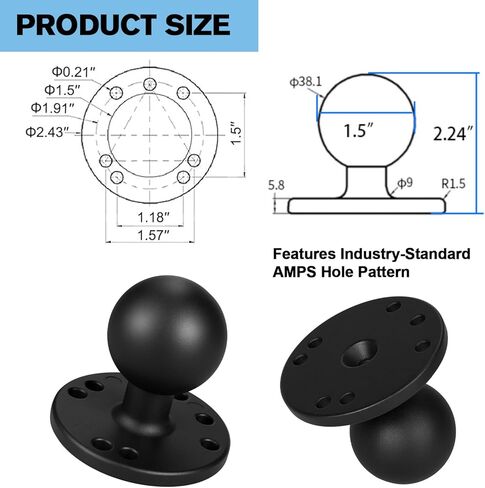 Aluminum 1.5 inch Ball Mount Base ,AMPS Hole Round Plate,Compatible with RAM Mounts C Size 1.5 Inch Ball Double Socket Arm in Kuwait