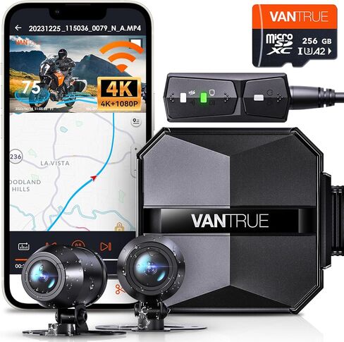 【الحزمة: كاميرا Vantrue F1 True 4K للدراجات النارية + بطاقة MicroSD سعة 256 جيجابايت من Vantrue كاميرا أمامية وخلفية للدراجات النارية 4K، مقاومة للماء لكامل الجسم، واي فاي، زاوية واسعة، رؤية ليلية محسنة in Kuwait