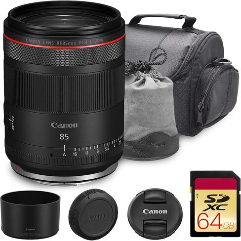 Canon RF 85mm f/1.4 L VCM Lens | Fast Portrait Prime with Advanced Stabilization, Quiet AF & Excellent Low-Light Performance | Ideal for Weddings & Portraits (7240C002) + 64GB Memory Card + Camera Bag in Kuwait