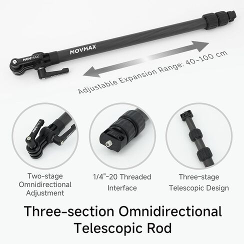 Movmax Third-Person Backpack Camera Mount Kit with Carbon Fiber Telescopic Rod (16"-40") for Insta360 X5/X4/X3/X2 DJI Osmo 360, Aluminum Adjustable Mount for Outdoor Live Streaming, Hiking & Cycling in Kuwait