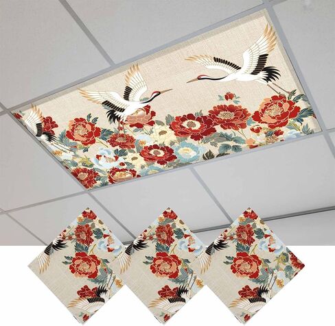 Fluorescent Light Covers, Farmhouse Flowers Magnetic Light Covers for Ceiling Lights, Japanese Style Peony Floral White Bird Fluorescent Ceiling Shade Filters for Classroom Bedroom Office 4x2Ft x 3PCS in Kuwait