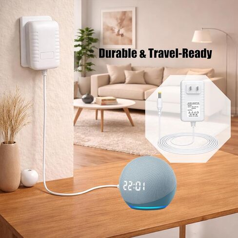محول طاقة 15 وات متوافق مع Echo Pop، Dot 5th/4th/3rd Gen، إصدار الأطفال، مكعب التلفزيون، Echo Show 5، سلك شاحن بديل لمكبر الصوت الذكي 12 فولت 1.25 أمبير، 6.6 قدم، أبيض in Kuwait