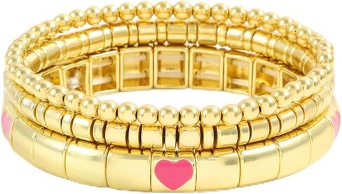 YBMYCM Heart Gold Beaded Bracelets for Women Girls Valentine's Day Bracelets Stretch Bracelet Set Minimalist Jewelry Gifts in Saudi Arabia