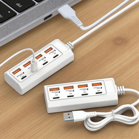 موزع USB بـ 8 منافذ باللون الأبيض، 4 منافذ USB-A و4 أنواع C متعددة المنافذ مع كابل تمديد 3.2 قدم/1 متر، بيانات يومية مستقرة وشحن سريع PD 25 وات لأجهزة الكمبيوتر المحمول وسطح المكتب ماك بوك فلاش ولوحة المفاتيح وماوس الطابعة PS5 in Kuwait