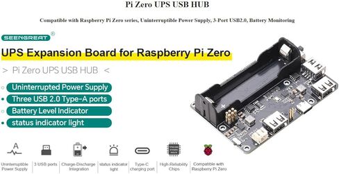 Pi Zero UPS HUB HAT for Raspberry Pi Zero Series, 3-Port USB 2.0 Expansion Board with Power Backup, 18650 Ba-ttery Holder, Smart Charge & Discharge Management in Kuwait