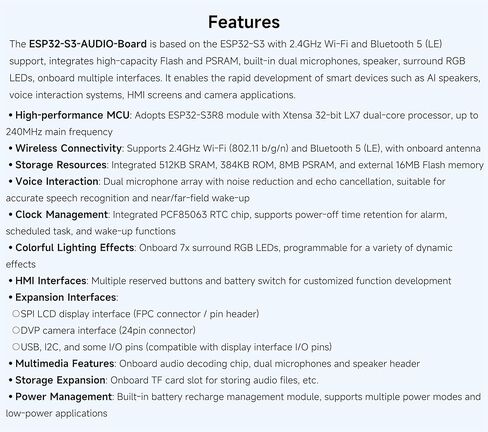 ESP32-S3 AI Smart Speaker Development Board, Support AI Speech Interaction, Dual Digital Microphone Array, Noise Reduction and Echo Cancellation, Support External Display & Camera, No Battery in Kuwait