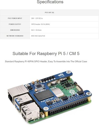 waveshare PoE HAT (H) for Raspberry Pi 5 / CM 5,Power Over Ethernet HAT (H) Expansion Board,802.3af/at Network Standard,Isolated Switched-Mode Power Supply,5V 5A Output in Kuwait