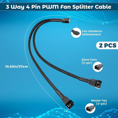 كابل مقسم مروحة PWM ثنائي الاتجاه، 1 إلى 2 مقسم مراوح 4 دبابيس، كابل تمديد مراوح الكمبيوتر الشخصي لحافظة الكمبيوتر، أكمام سوداء، 10.6 بوصة/27 سم in Kuwait