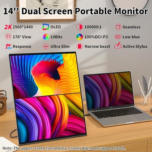 شاشة مزدوجة 14 بوصة 2K OLED، شاشة لمس محمولة لموسع الكمبيوتر المحمول| 2K |100% DCI P3|التوصيل|الحامل- VESA| |نحيف بدون إطار| كمبيوتر ثلاثي العرض كمبيوتر محمول كمبيوتر يعمل بنظام Windows Mac in Kuwait