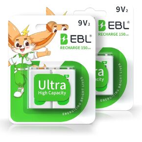 بطاريات EBL 9V قابلة لإعادة الشحن، 150 مللي أمبير Ni-MH، 4 عبوات - بطاريات 9 فولت طويلة الأمد لأجهزة كشف الدخان والألعاب والإلكترونيات in Kuwait