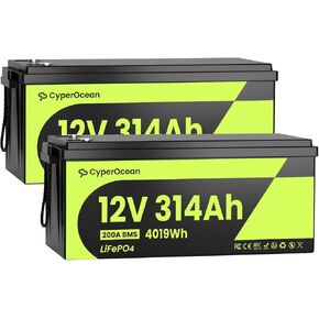 12V 314Ah LiFePO4 Battery 2 PACK, 4019Wh Deep Cycle Lithium Battery with 200A Smart BMS, 1.5H Fast Charge, Grade A Cells, IP65 Waterproof, 4S4P Expandable for RV, Solar, Marine and Off-Grid in Kuwait