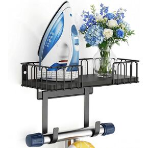 TJ.MOREE Ironing Board Hanger Metal Wall Mount Iron and Ironing Board Holder, Laundry Room Decor and Storage with Large Storage Black Wooden Base Basket and Removable Hooks in Saudi Arabia