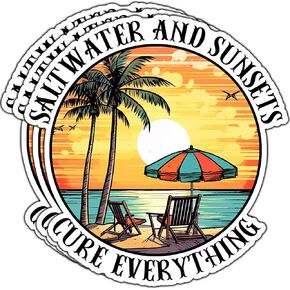 (3Pcs) Saltwater And Sunsets Cure Everything Inspirational Sticker Beach Ocean Camping Lover Decorative Stickers Waterproof Vinyl Decal For Tumbler Water Bottle Laptop Phone Notebook Size 2.9x3 Inches in Saudi Arabia
