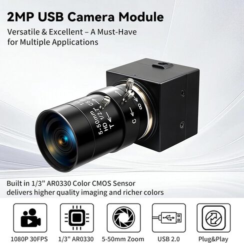 2MP H.264 USB Camera, 1080p 30fps Low Power Webcam with Microphone, CS Manual 5-50mm Zoom Lens, Industrial USB Camera for Scanner, 3D Printer, Simple Surveillance, Robot in Kuwait