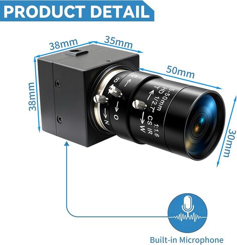 2MP H.264 USB Camera, 1080p 30fps Low Power Webcam with Microphone, CS Manual 5-50mm Zoom Lens, Industrial USB Camera for Scanner, 3D Printer, Simple Surveillance, Robot in Kuwait