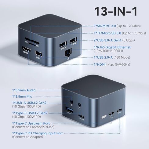 محول متعدد المنافذ USB C 13 في 1، محطة إرساء USB C مع 4K@60 هرتز، 100 واط PD، USB A&C 3.2، 2xUSB A 3.0، إيثرنت، SD/Micro SD، صوت، ميكروفون، قاعدة كمبيوتر محمول لجهاز MacBook Pro/Air، iPad، Windows in Kuwait