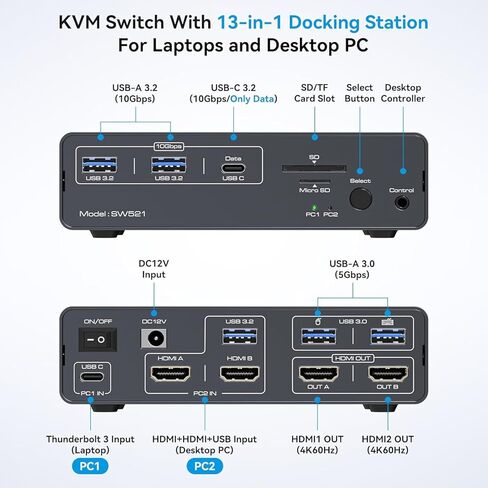 محطة إرساء USB C HDMI KVM Switch 2 شاشات 2 جهاز كمبيوتر 4K @ 60 هرتز KVM مفاتيح شاشة مزدوجة عرض ممتد لأجهزة الكمبيوتر المحمول وسطح المكتب مشاركة 13 في 1 محطة إرساء in Kuwait