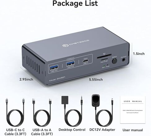 محطة إرساء USB C HDMI KVM Switch 2 شاشات 2 جهاز كمبيوتر 4K @ 60 هرتز KVM مفاتيح شاشة مزدوجة عرض ممتد لأجهزة الكمبيوتر المحمول وسطح المكتب مشاركة 13 في 1 محطة إرساء in Kuwait